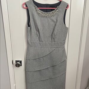 Connected Apparel Gray Midi Dress with Pearl Accent